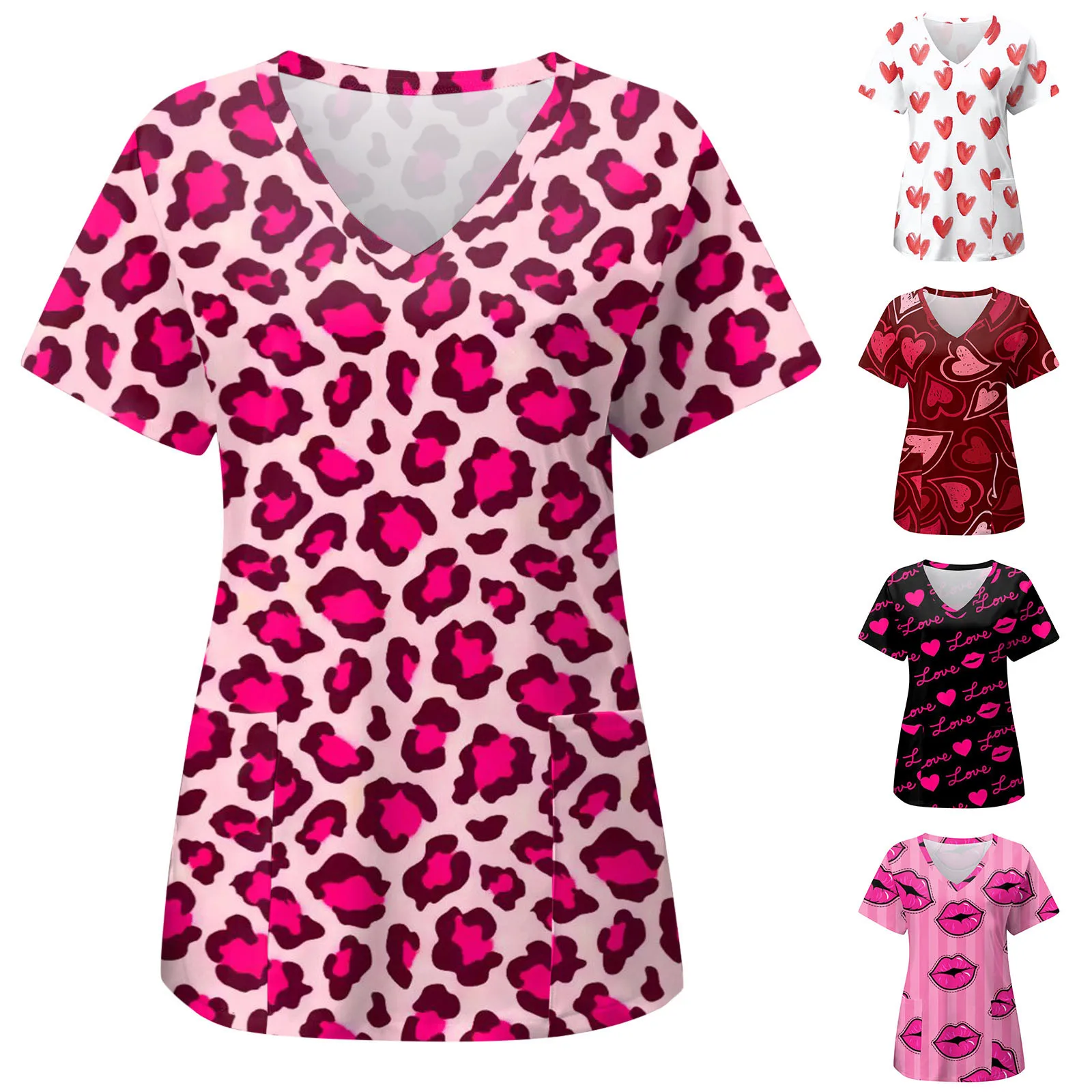 Uniforme de enfermera de manga corta para mujer, ropa de trabajo con cuello en V, estampado de corazón de amor, uniforme de trabajo, blusa de Enfermería Médica informal, Tops