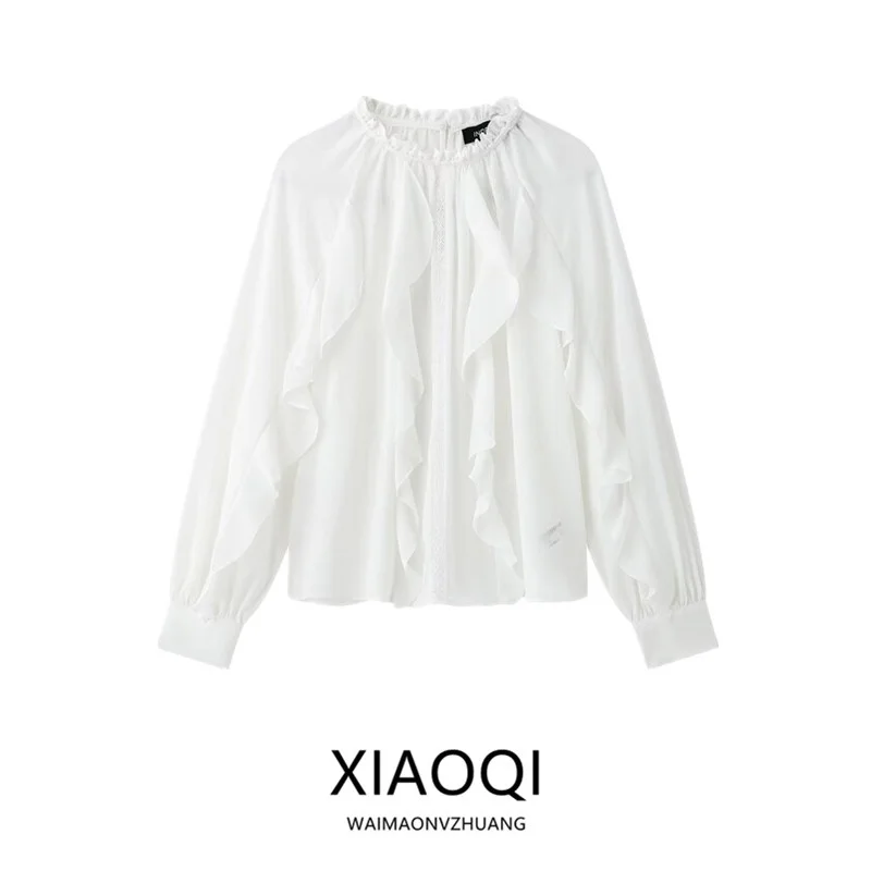 Lente 2025, dames lange Sve opstaande kraag, decoratief irt, veelzijdig gelaagd ontwerp, nieuwe collectie, faionable, casual irt