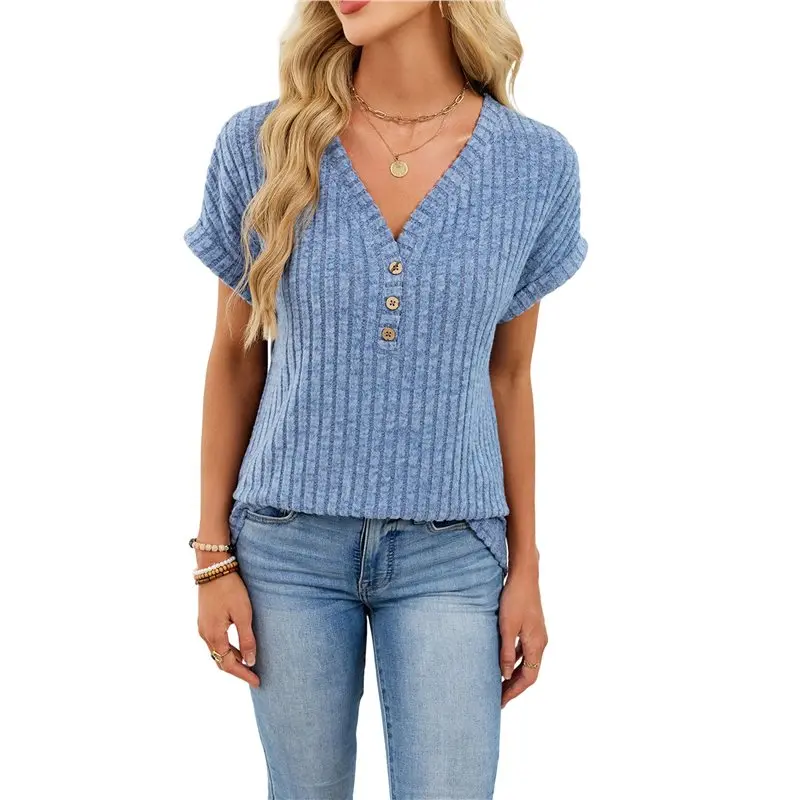 

Женский свитер ABRT с коротким рукавом, текстурированный топ, модная деловая повседневная одежда, рабочие блузки, осенние рубашки, синий, XXL