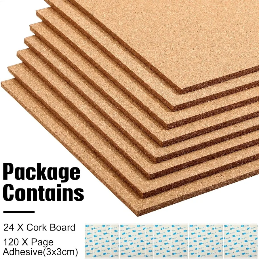 24 Pcs Square Cork Board Tiles 12"x12" 1 4" Thick Bulletin Boards Natural Cork Sheets with Self Adhesive Backing Brown Corkboar