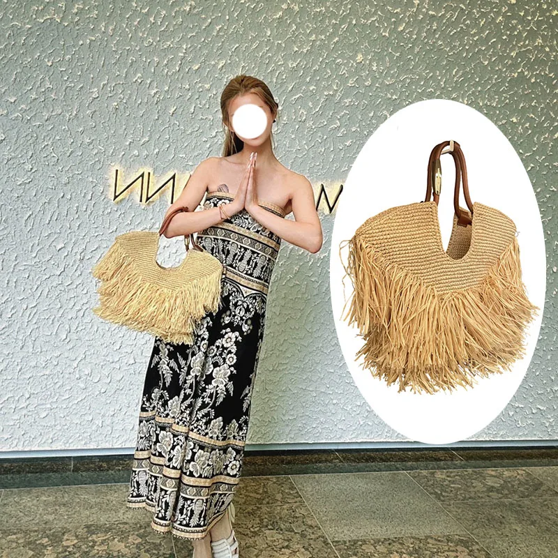 

Hollow Out Tote Bags For Women Luxury Designer Handbag Purse New Weave Large Capacity Tassel Shoulder Straw Beach Bag