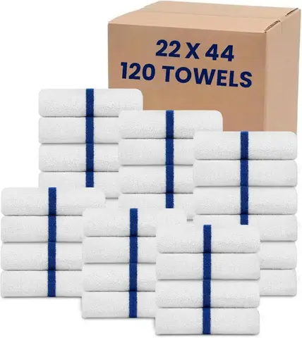 Blue Center Stripe 120 Bulk Towels (22x44)– Economical Soft & Absorbent Bulk Pool Towels for Hotels - Lightweight & Quick Drying