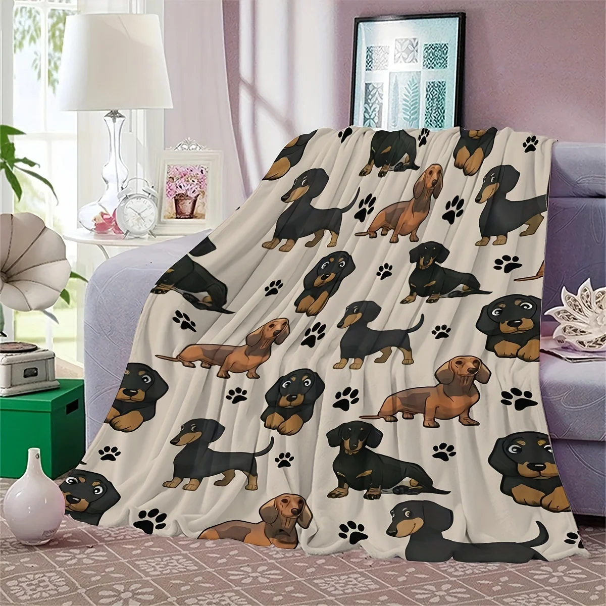 cute small poodle-patterned throw blanket featuring a brown poodle puppy design. Machine washable. A gift for home decoration
