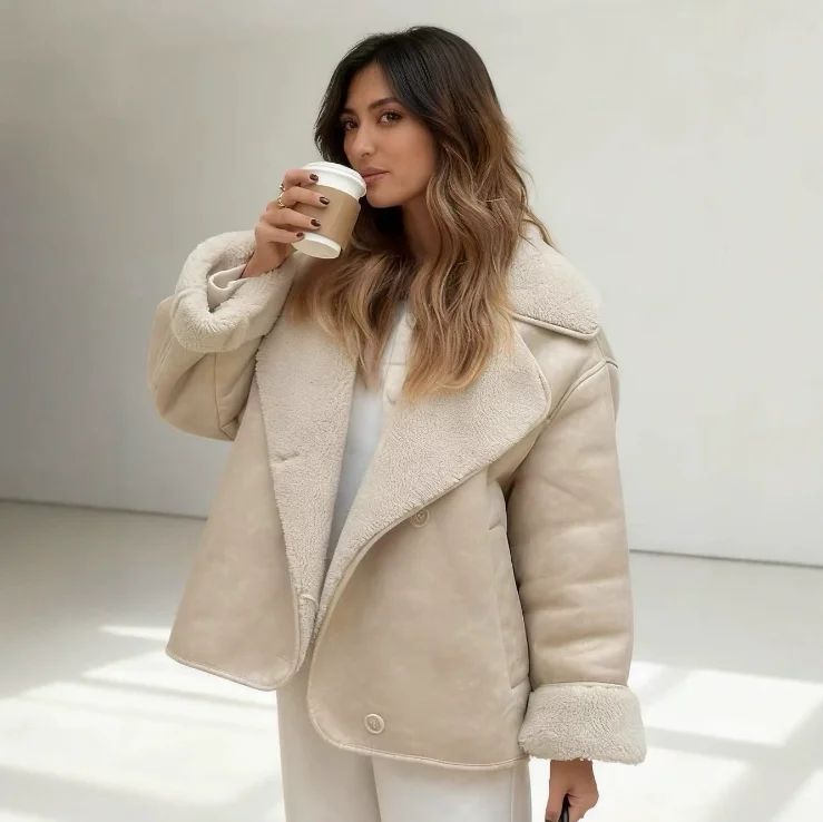 

2025 Women Faux Leather Jacket Winter Warm Plush Coat Female Autumn Demi Season Thick Outerwear Muji Style