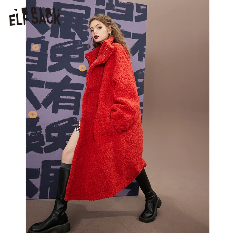 Imagem -03 - Elfsack-cabolsa de lã de Pelúcia Vermelho Feminino Jaquetas Casuais Grossas Inverno