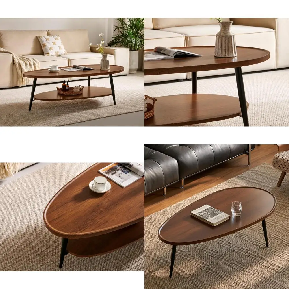

Mid-Century Modern Mossi Oval Wood Coffee Table, Double Deck Centerpiece for Compact Living Rooms