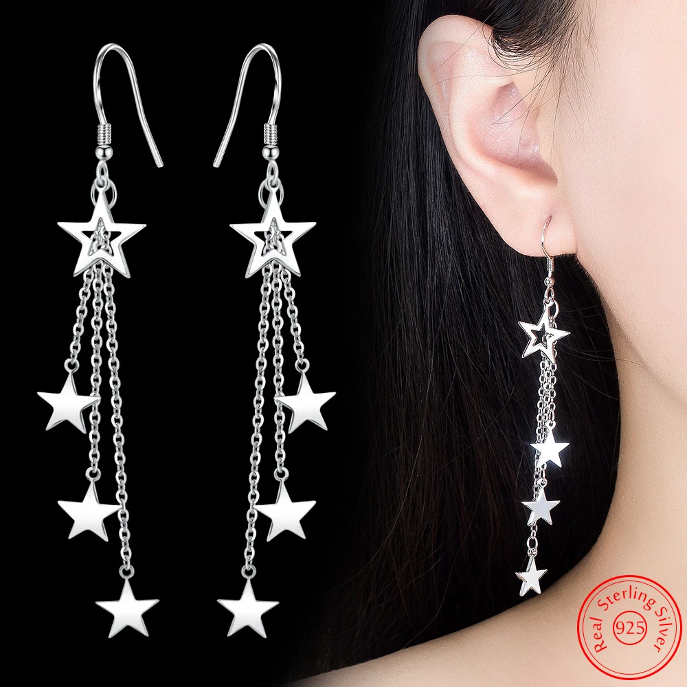 

925 Sterling Silver Lady's New Jewelry Original Fashion Multy Layers Chains Star Drop Earrings XY0003