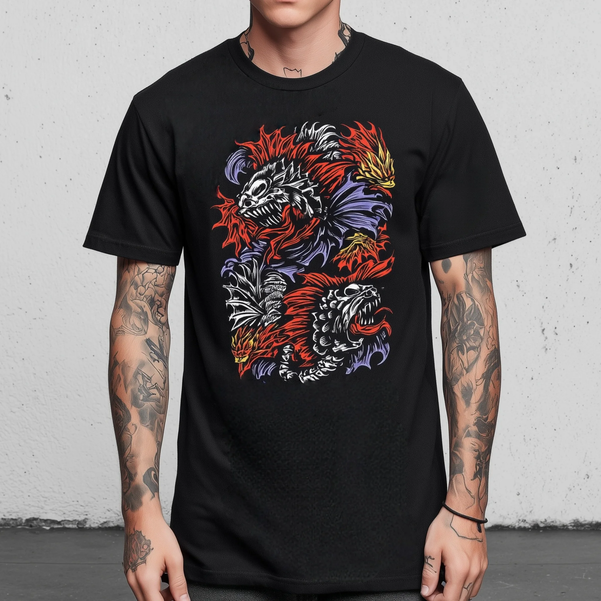 

Teevo Men's Short Sleeve T-Shirt Colorful Dragon and Phoenix Print Casual Daily Wear