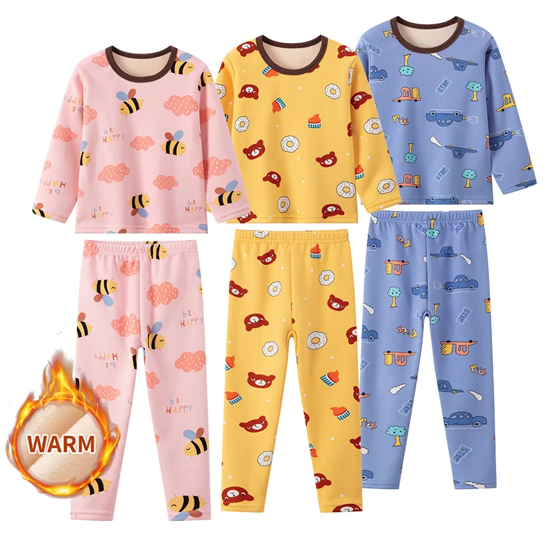 2-Piece Winter Plus Velvet Children's Cute Printed Pattern Long-Sleeved Trousers for Boys and Girls Joker Pajamas Home Service S