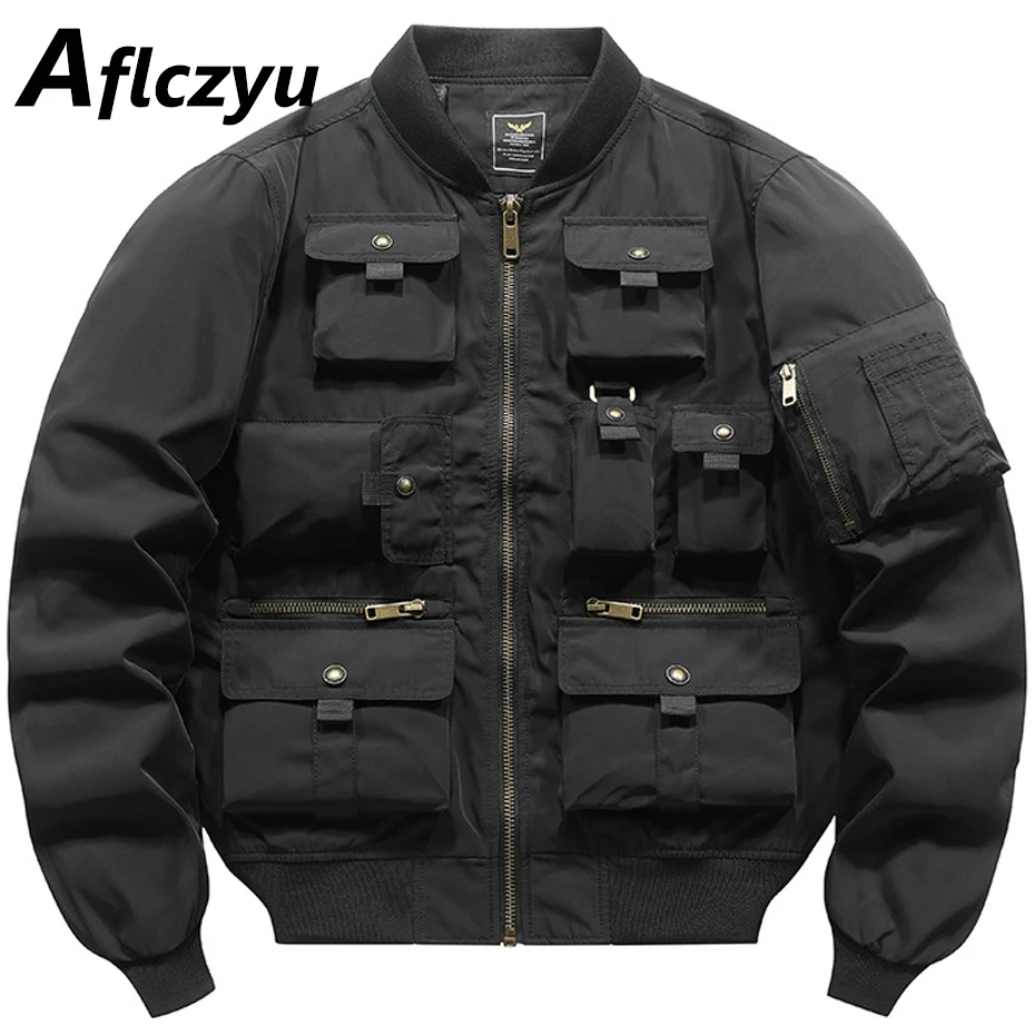 Bomber Jacket Men Multi Pocket Cargo Jacket Windbreak Spring Autumn Solid Color Baseball Jacket Male Black Outerwear