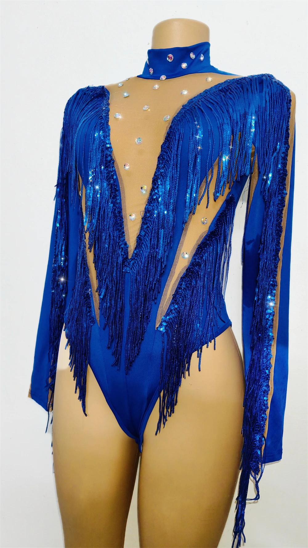 New Flashing Blue Fringed Rhinestones Bodysuit Women Stretch Gogo Dancer Costume Bar Nightclub Dj Ds Party Rave Outfits