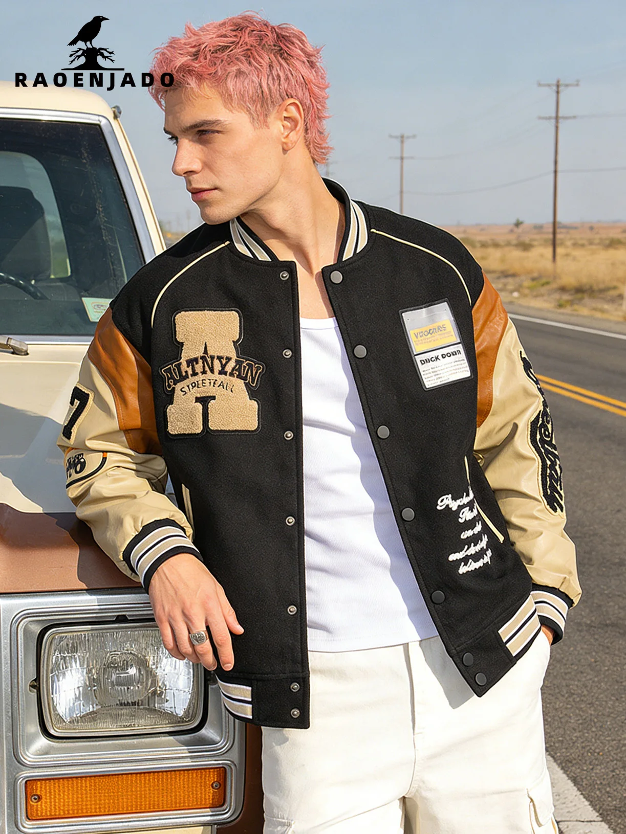 Herren Casual Varsity Jacke Motorrad-Bomberjacke Vintage Letterman Baseball Streetwear Oberbekleidung mit Kunstleder-Ärmeln