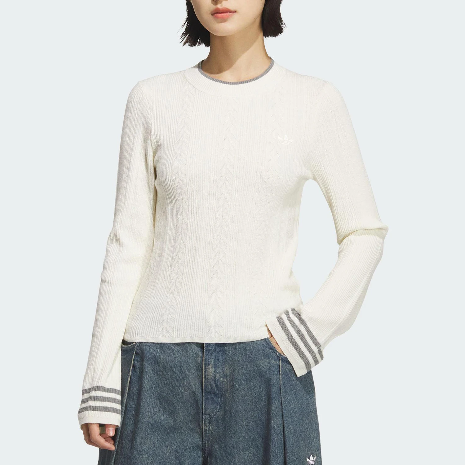 Adidas Authentic Three Leaves Women's Round Neck Warm Long Sleeve Knitted Sweater KS5965