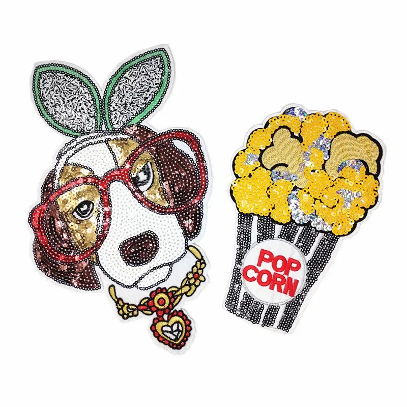 FZdiy Cartoon Dog Popcorn Iron on Sequined Patches for Clothing Big Size DIY T-shirt Applique Embroidery Cloth Patch Stickers