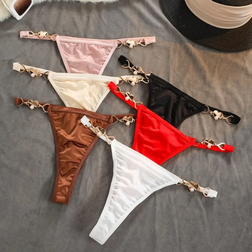 

French Style Low Waist Satin Silk Panties Heart Buckle Briefs Underwear for Women Cotton Crotch Lingerie Satin Underpants Gifts