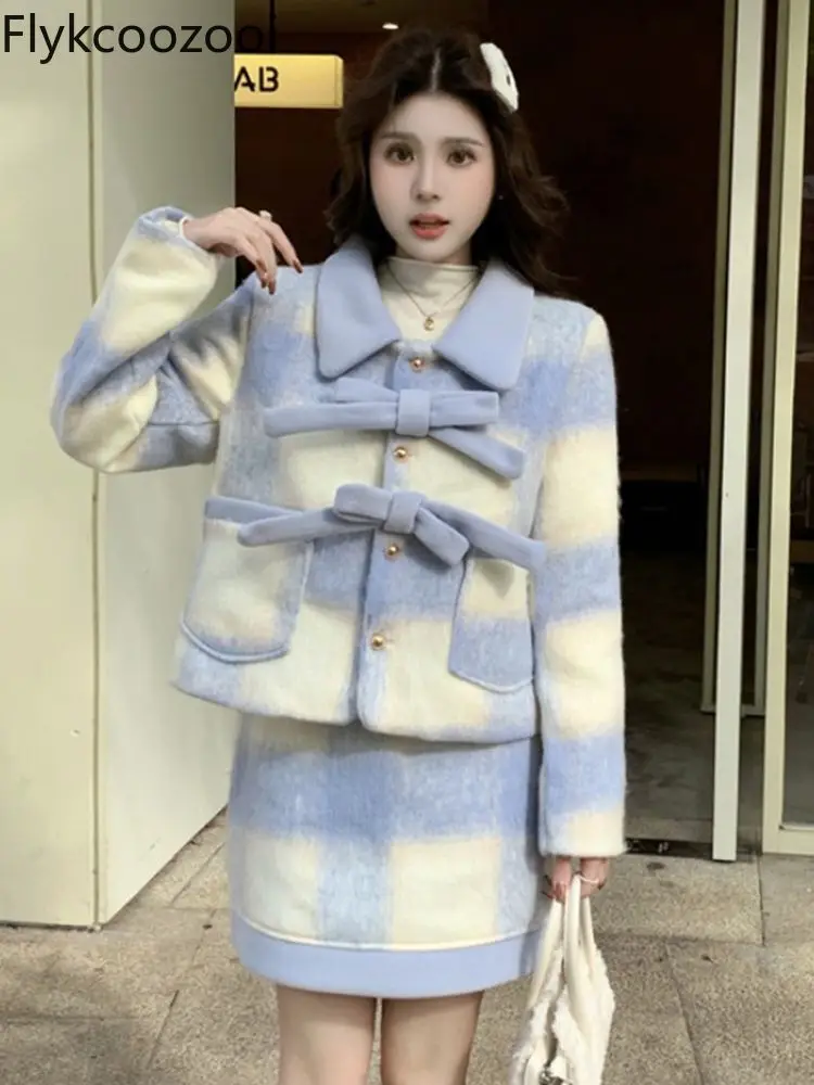 Autumn and Winter Sweet Short Coat Blue Plaid Slimming Half Pack Two Pieces Women Suit for Women Female Blazer Sets with Skirt