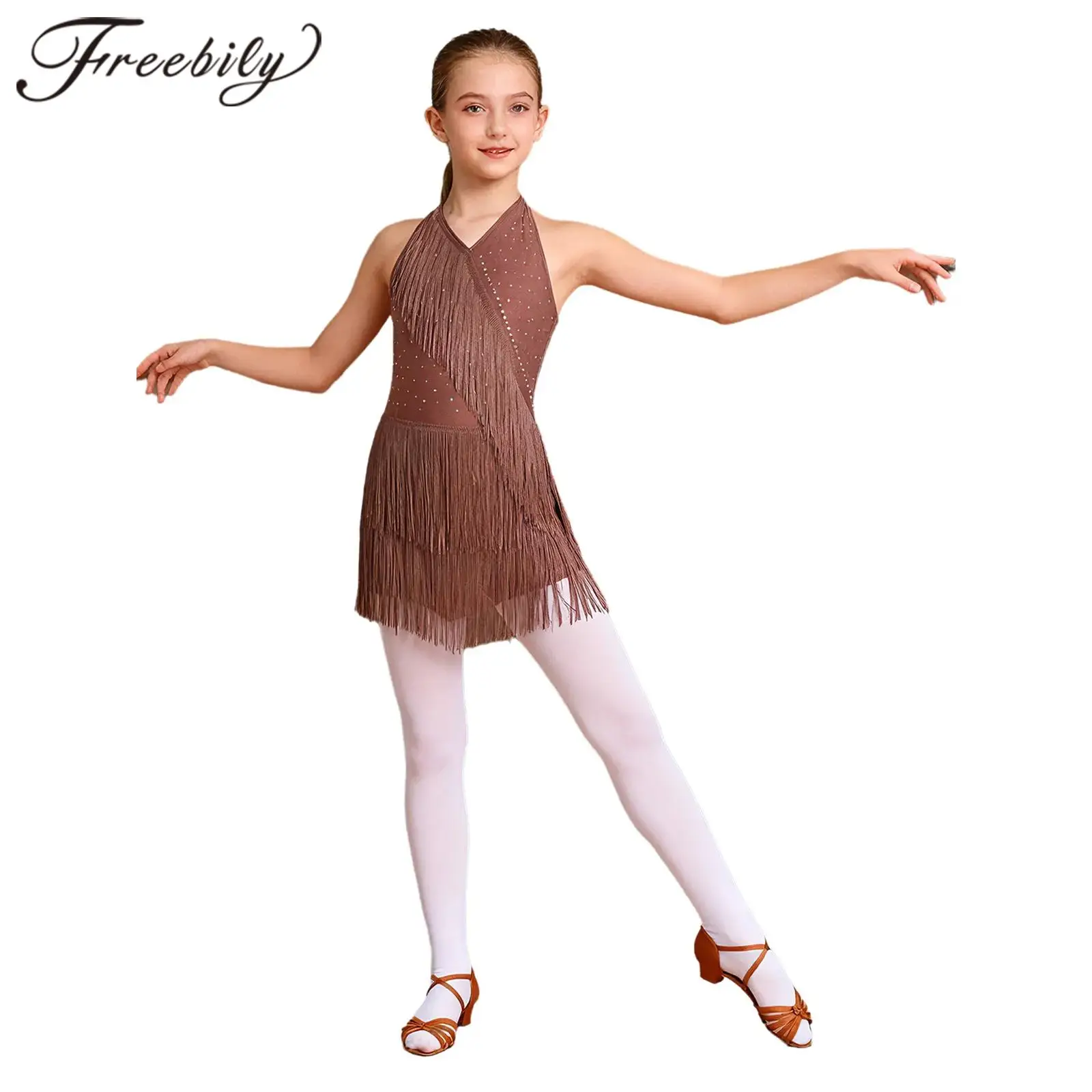 

Kids Girls Latin Dance Costume Tango Rumba Tassel Jumpsuit Childrens Fringe Leotard Chacha Dancewear Performing Practice Clothes