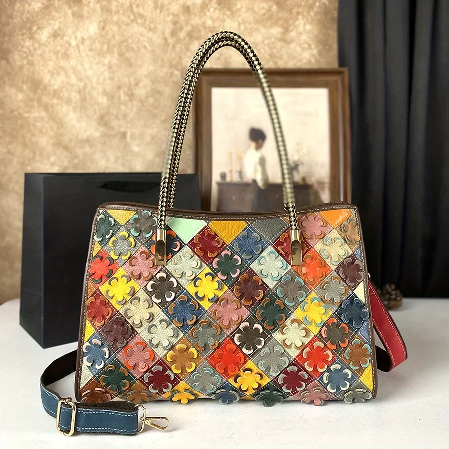 

2025 new tote women's handbag, large capacity genuine leather flower shoulder bag, cowhide commuting crossbody bag