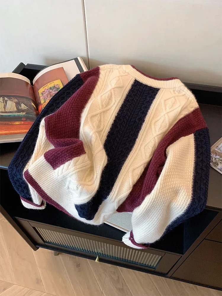 Japanese Fashion Simple Classical Knitted Sweater Retro O-Neck Contrasting Colors Striped Pullovers Chic Preppy Style Streetwear