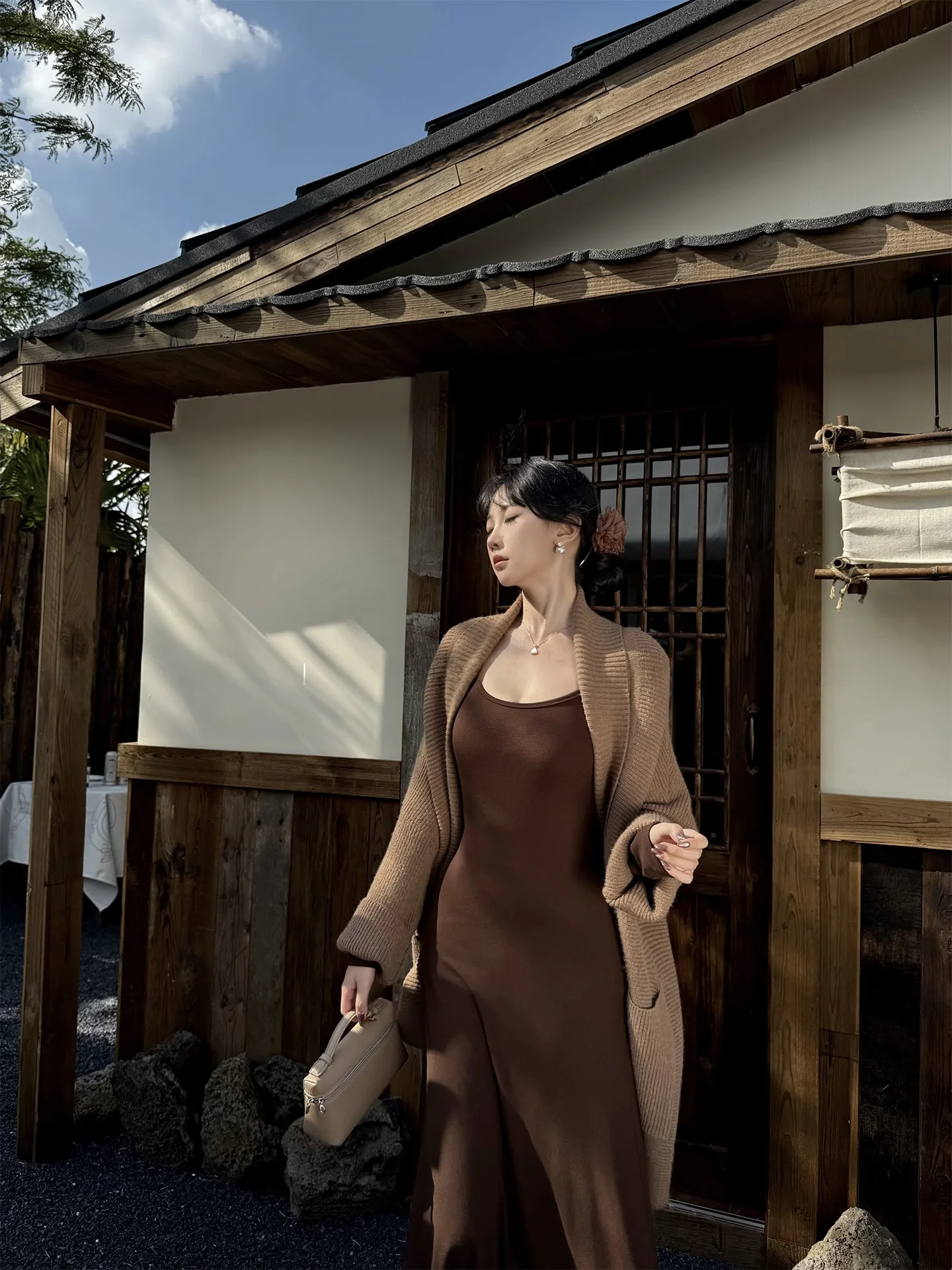 

WAYMODE Wooden Tone Knitted Long Open Cardigan Women's Early Spring Gentle Turn-down Collar Pit Stripe Woolen Outerwear