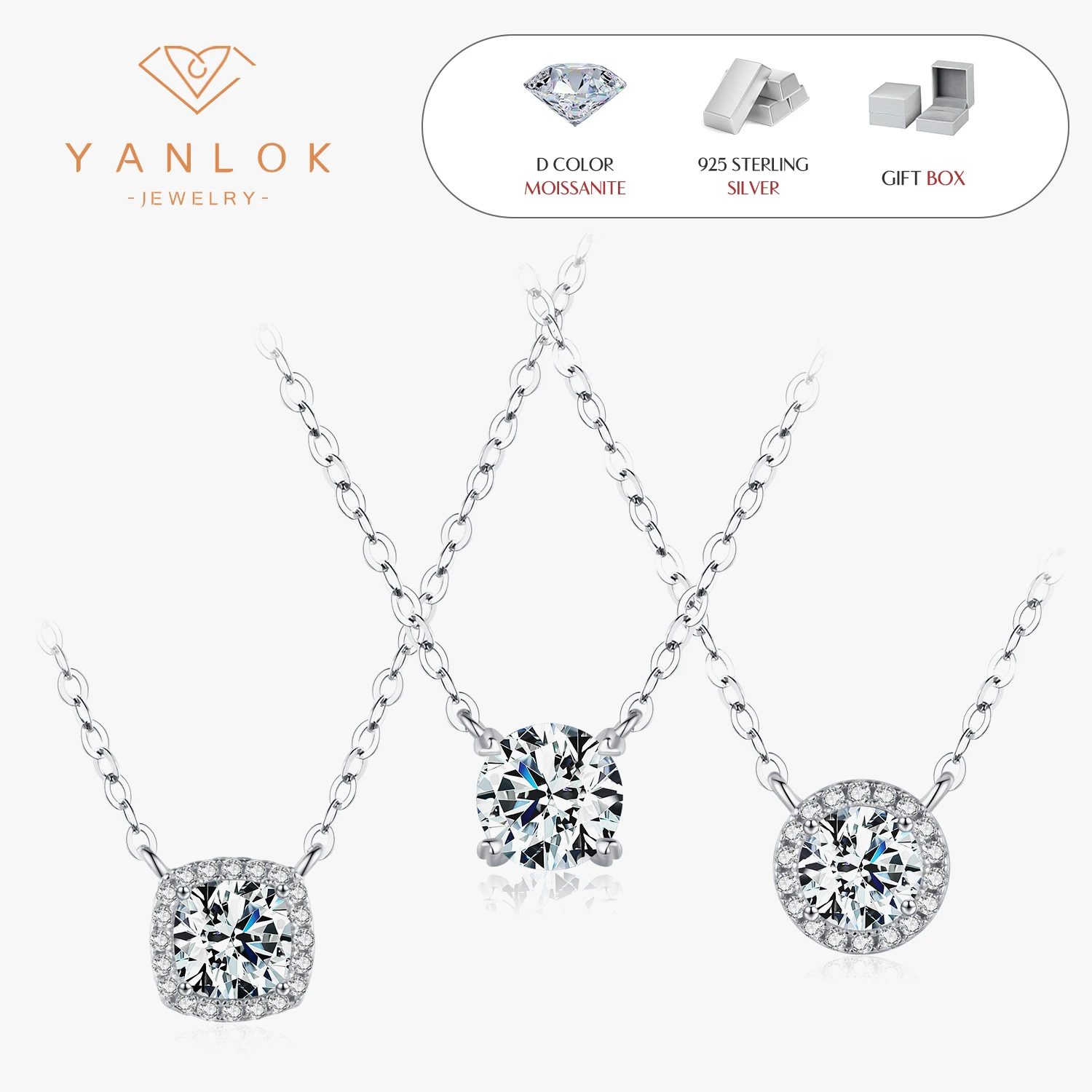 YANLOK 3 Style 0.8-1 Carat Square & Round Moissanite Pendant Necklace For Women 925 Sterling Silver Wedding Fine Jewelry Gifts