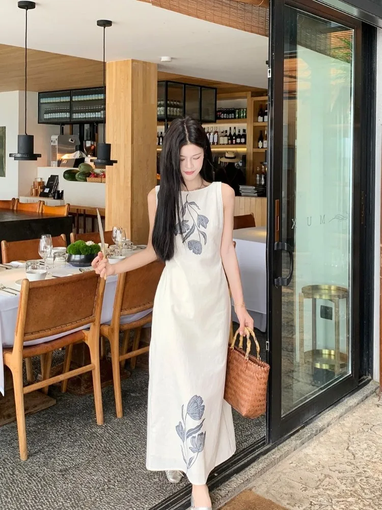 Korejepo Temperament Retro Flower Print Vest Dress Women Waist Thin A-shaped New Chinese Long Dresses Romantic Vestido 2024