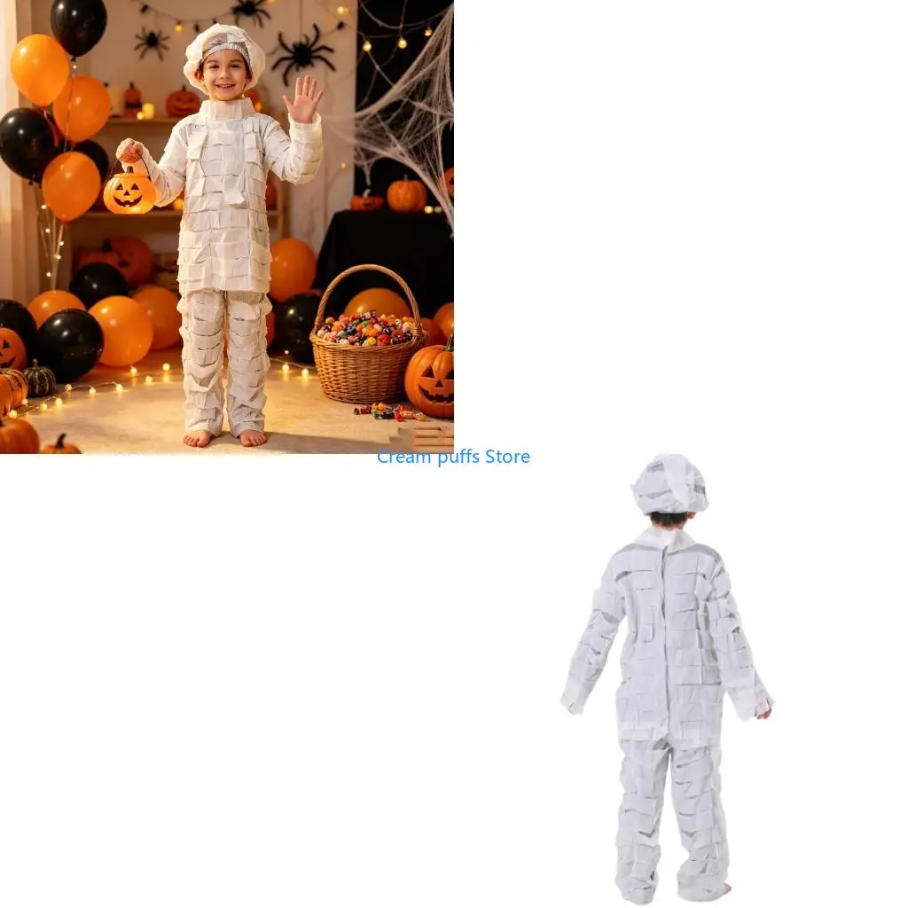 50LE Mummy Costume for Kids Soft Pull On Outfit Set Loose Long Sleeve Halloween Holiday Wear for Party Use and Photos