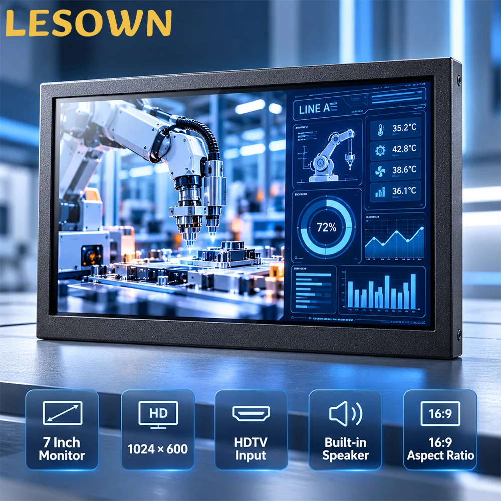 LESOWN 7 Inch Non-Touch IPS Industrial Display 1024x600 16:9 HDTV Built-in Speaker Black Shell for HMI PLC DIY
