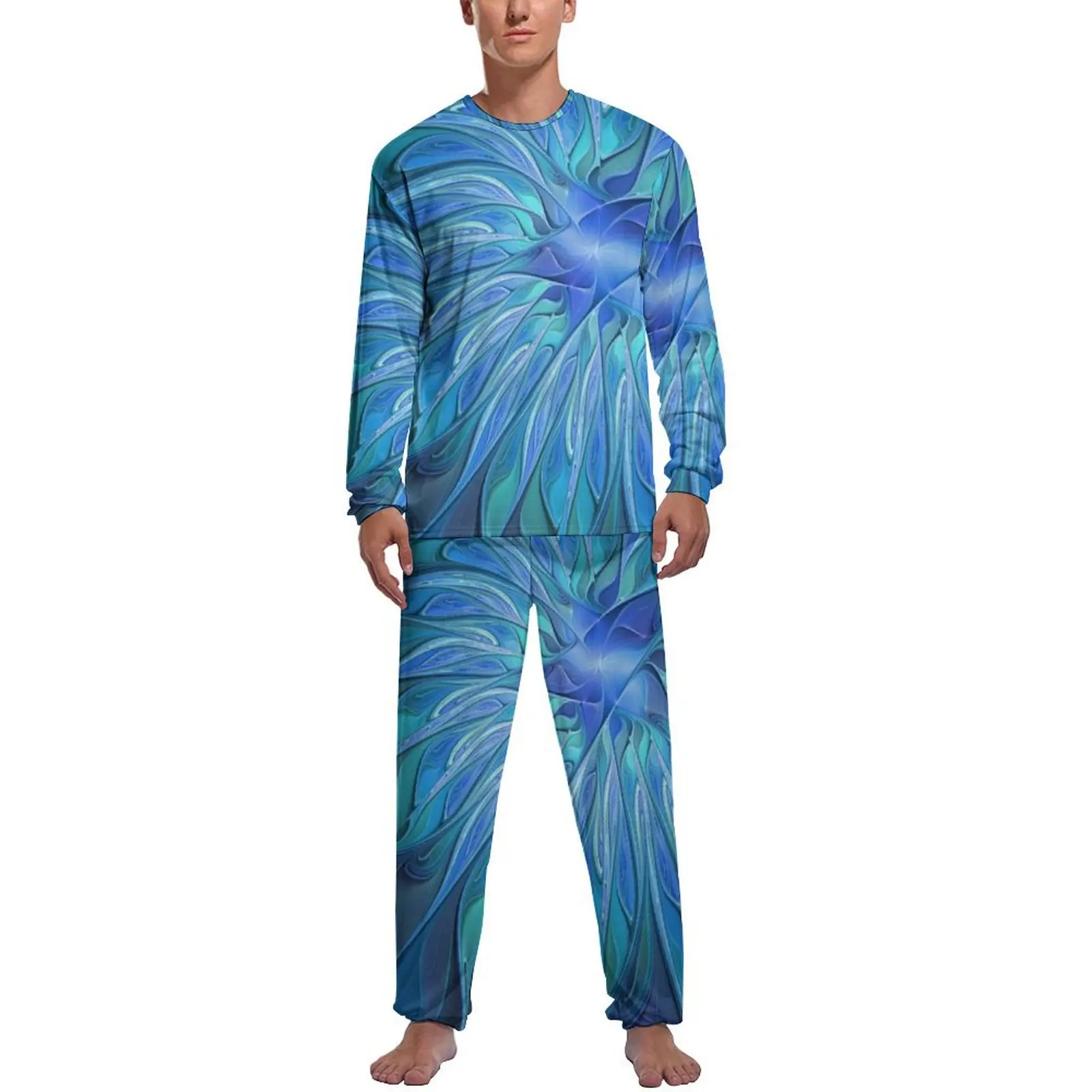 Pijama com estampa de flor azul, manga longa, arte fractal abstrata, duas peças, conjuntos de pijama para casa, primavera, design masculino, roupa de dormir fofa