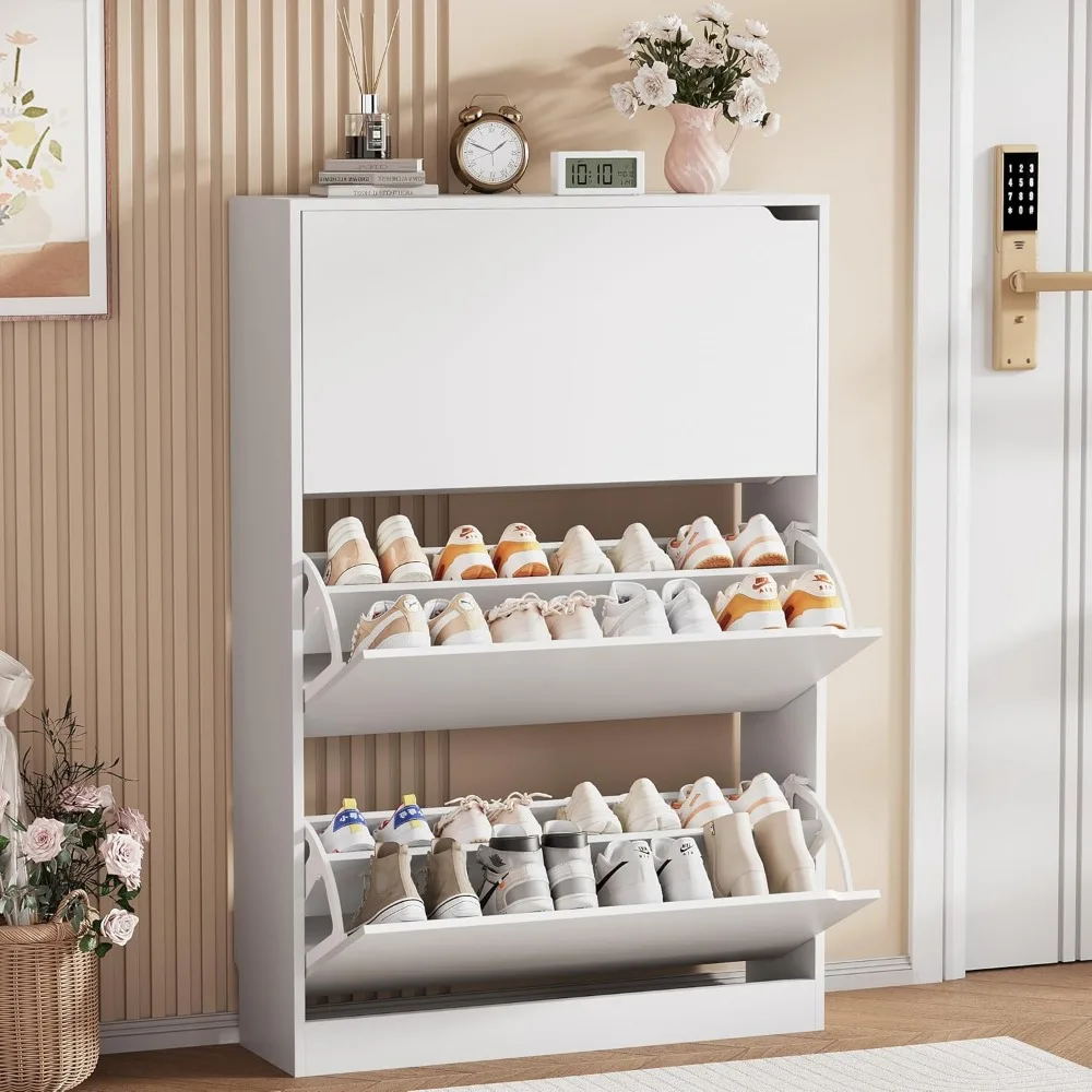 

Shoe Storage Cabinet, Wood Shoe Organizer for Entryway with 3 Flip Drawers, Freestanding Shoe Rack with Adjustable Shelf, Narrow