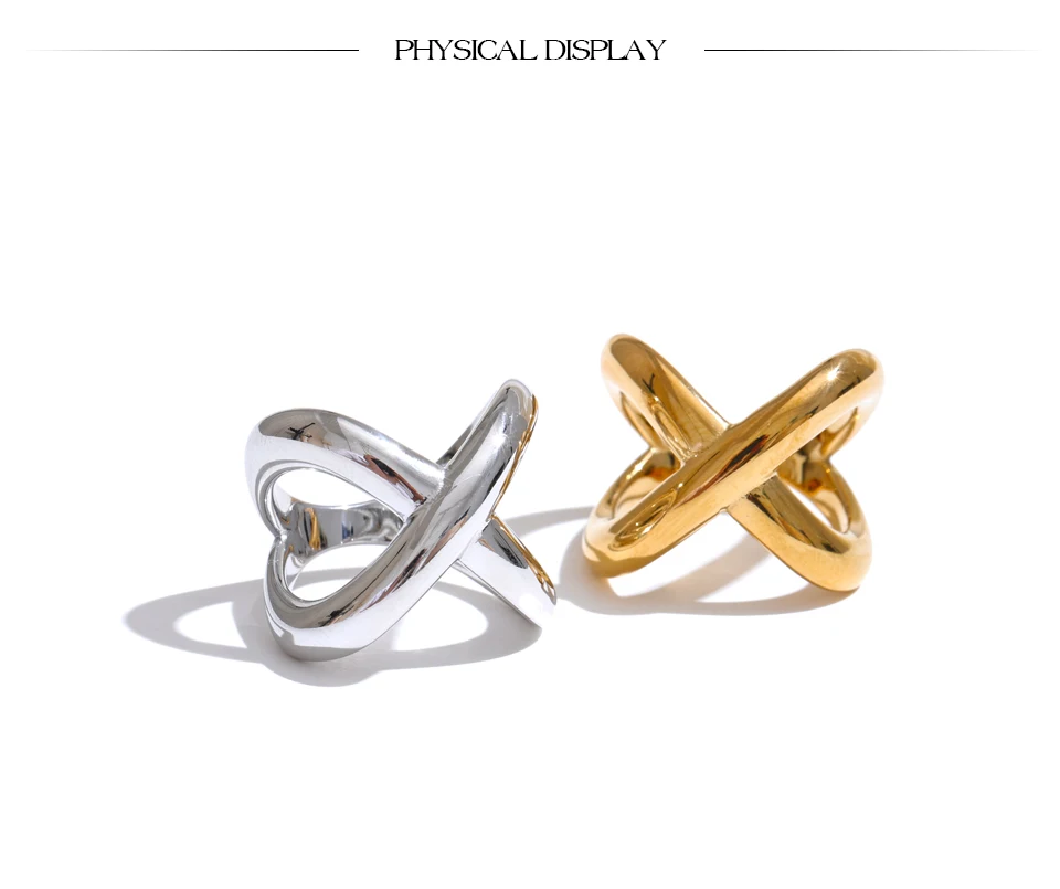 Yhpup # PVD-beschichteter Statement-Edelstahl in X-Form, geometrischer Fingerring, wasserdicht, glattes Metall, handgefertigter polierter Schmuck – Detail 10