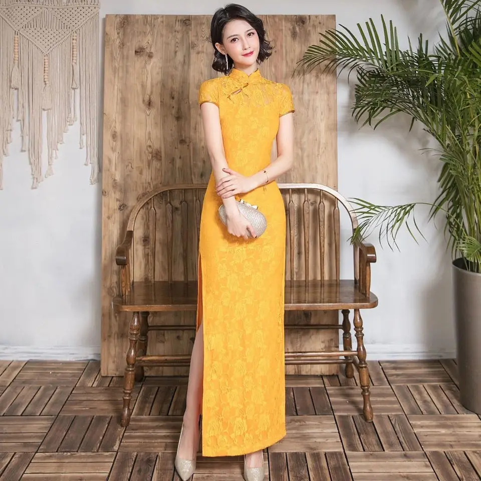 فستان عتيق مثير بأكمام قصيرة من الدانتيل الأصفر من Cheongsam ازياء زفاف أنيقة من Qipao S إلى 5XL باللون الأحمر الوردي