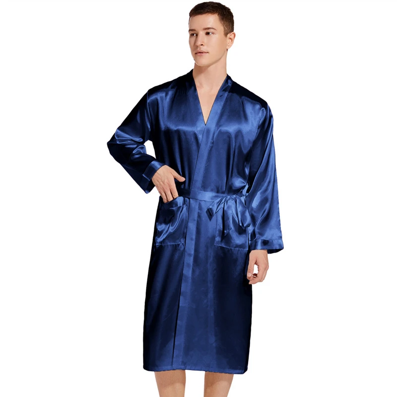Oversized Men's Solid Kimono Robe Bathrobe Gown Summer New Female Sleepwear Loose Pijamas De Hombre Silky Satin Peignoir Homme