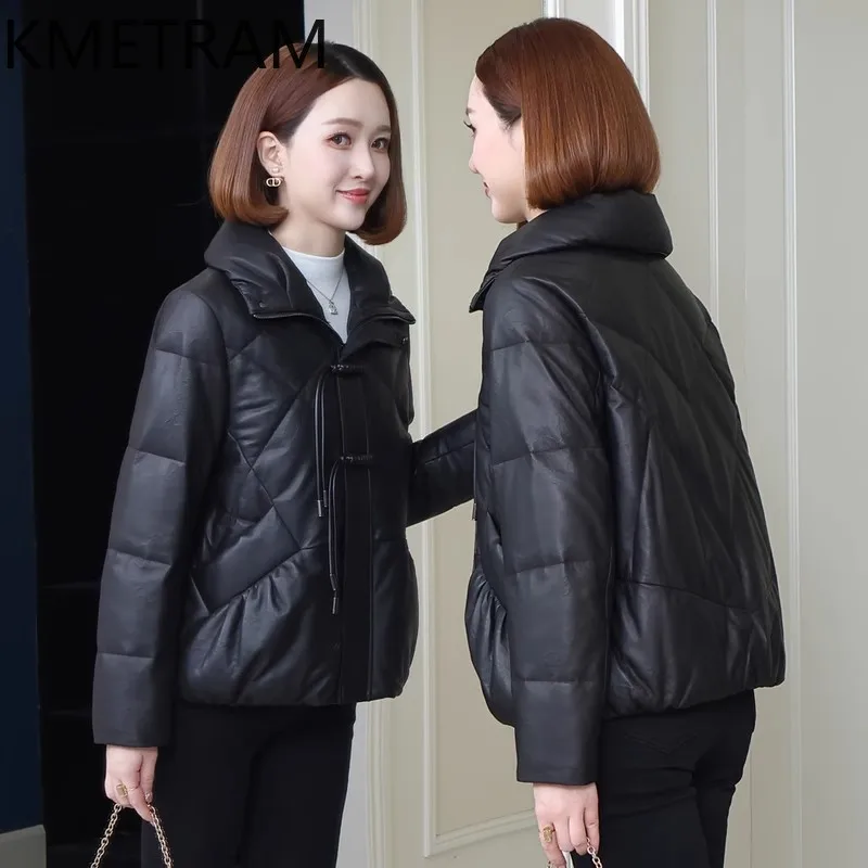 100% 양피 퍼퍼 자켓 여성 고품질 정품 가죽 짧은 블랙 다운 코트 2025 겨울 의류 여성 Пуховик Женский