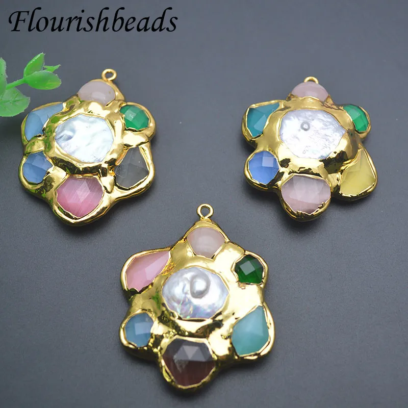 

New Big Size Natural Gemstone Gold Plated Pearl Flower Shape Pendant for Women Wedding Party Jewelry Making