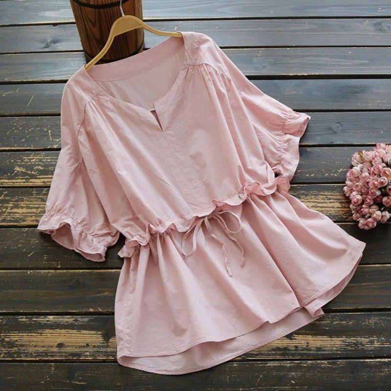 

Pink Loose V Neck Butterfly Sleeve Blouse with Drawstring Waist Boho Style Summer Casual Top for Women