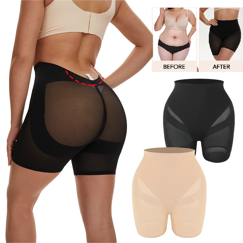 Short de cintura alta para mujer, sexy, de doble capa, de malla, ropa interior, faja moldeadora suave, control de abdomen, levantamiento de glúteos, adelgazante, bragas con corte en V