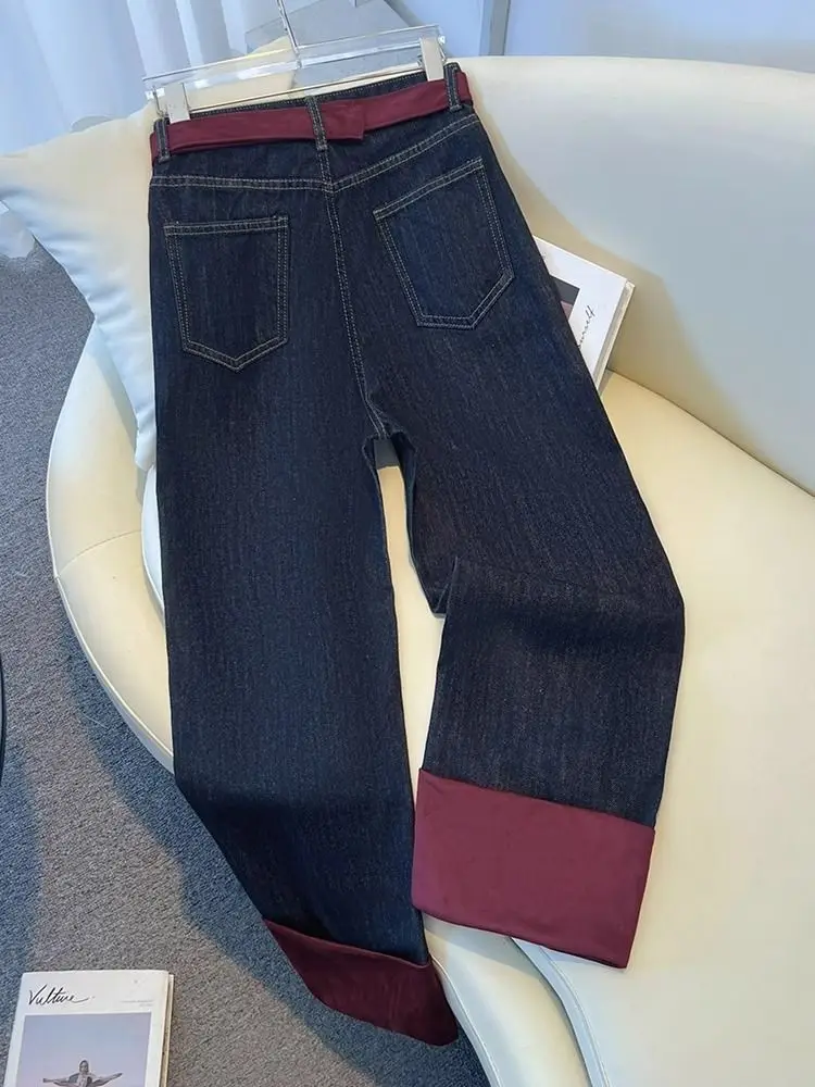 Kleurblokkerde patchwork-jeans voor dames in grote maten, losse broek met rechte pijpen, afslankende broek met hoge taille en wijde pijpen