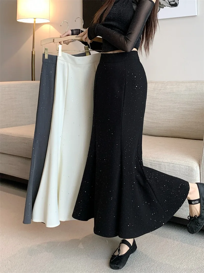 Gentle Temperament Shiny Sequined Fishtail Skirt Women Early Spring New Black Versatile Skirt High Waist Sheath Skirts