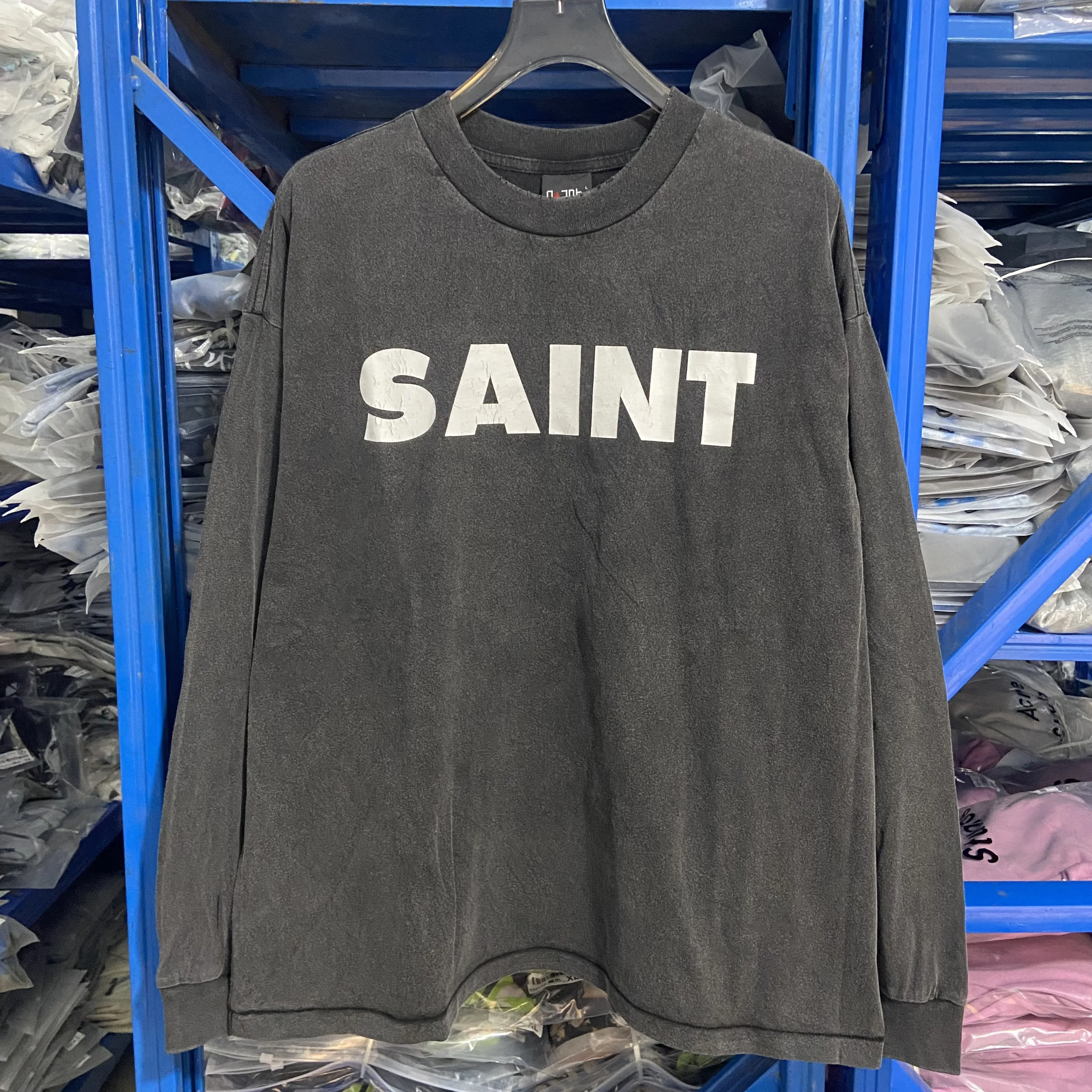 2026 Men Women Street Saint Long-Sleeved T-shirt Classic Letters Printed Washed Black Vintage Loose Tshirt Real Photo