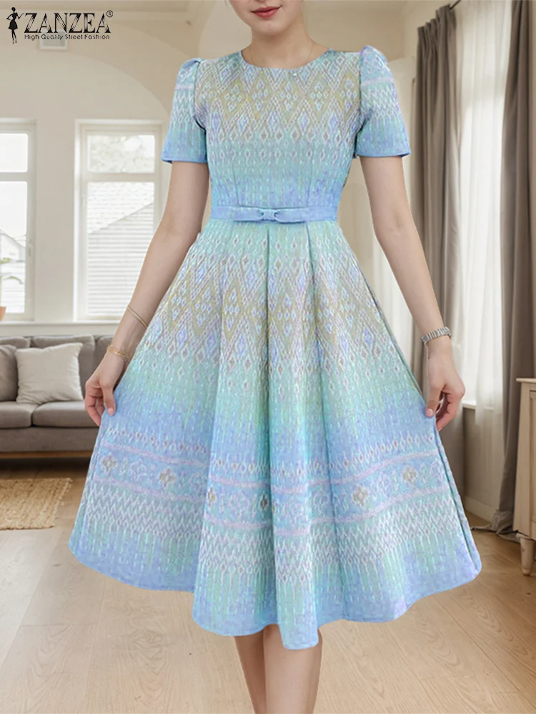 

ZANZEA Retro Print Dress Elegant Office Sundress A-Line Printed Summer Party Vestidos 2025 Casual Belt Short Sleeve Robe Femme