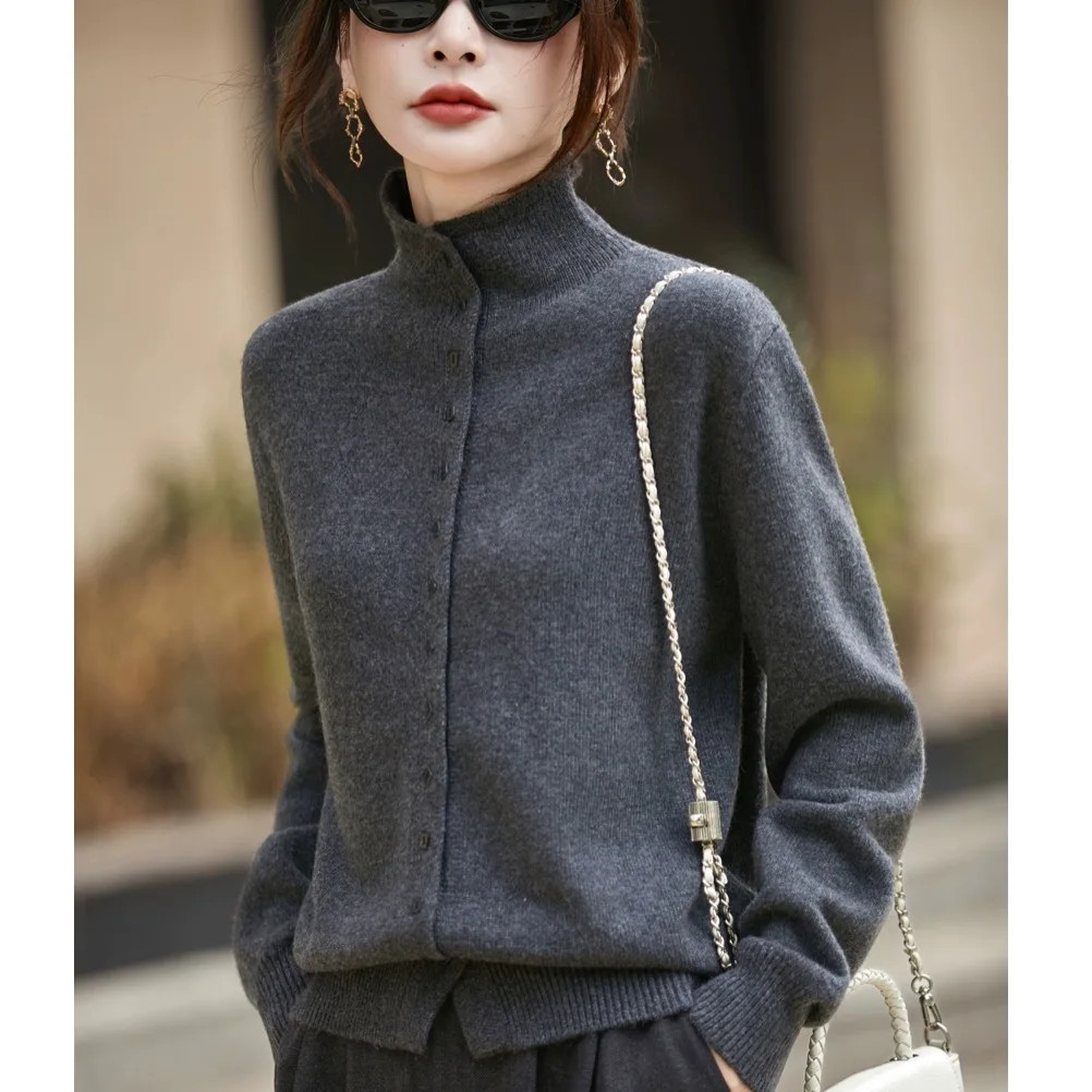 Slimming Knitted Sweater Coat Half High Collar Soft Polyester Blend Long Sleeve Autumn Winter New Style Brand Outlet Goods