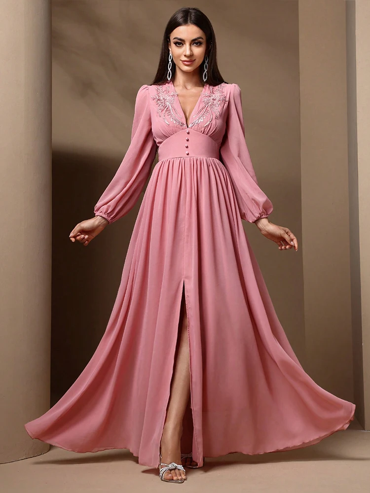 TOLEEN-vestidos hasta el suelo para mujer, moda de estilo industrial pesado, bengalas bordadas, vestido acampanado de gasa, vestido de dama de honor de boda