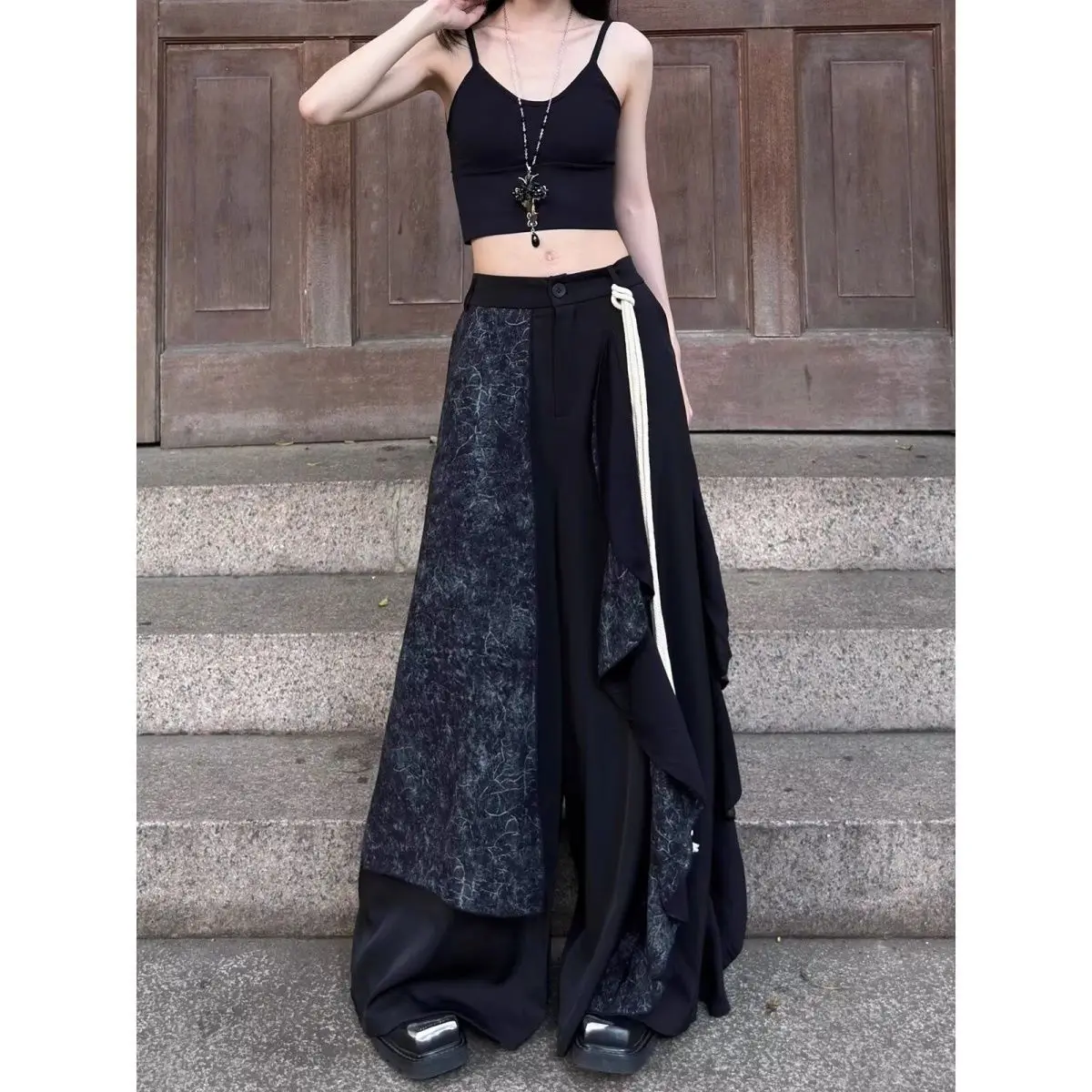Dark Designer Asymmetrical New Chinese Pants with Yamamoto Style Splicing High-end Feeling Wide Leg Men's and Women's Skirt Pant