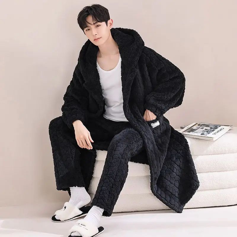 Hooded Robe Men Couple Sleepwear Bathrobe Winter Night Wears Warm Fleece Pajama One Piece Nightgown Solid Pocket Homewear 2024