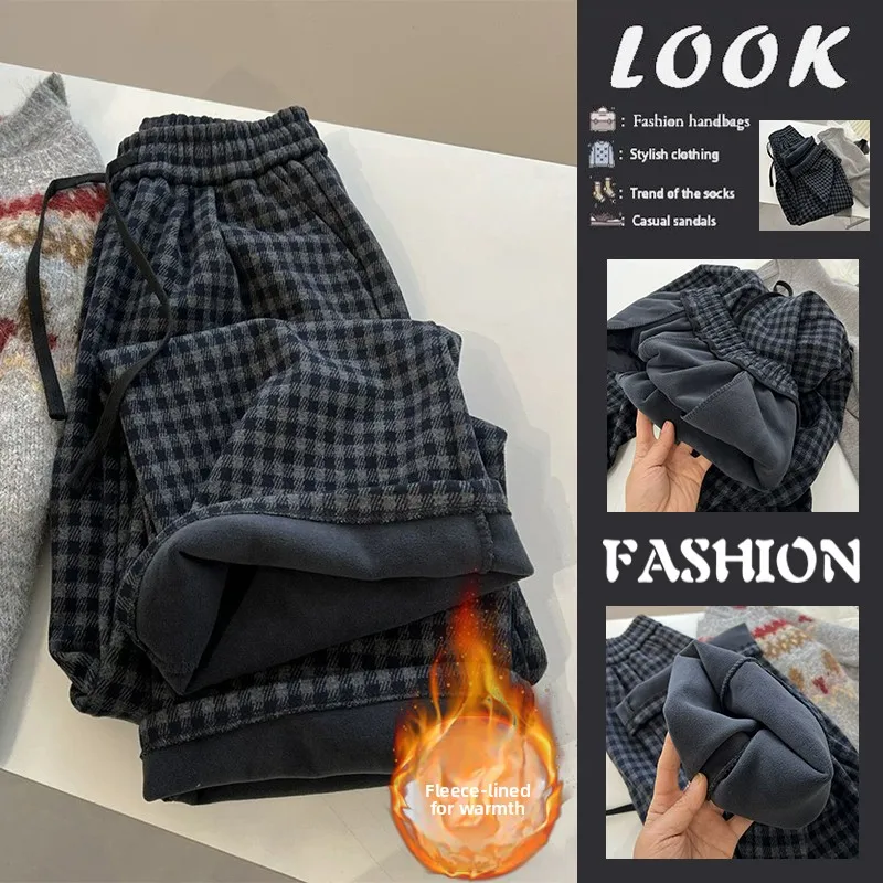

Trendy Plaid Thickened Fleece Casual Pants High Waist Wide Leg Korean Style Commute Pants Autumn Winter Long Pants