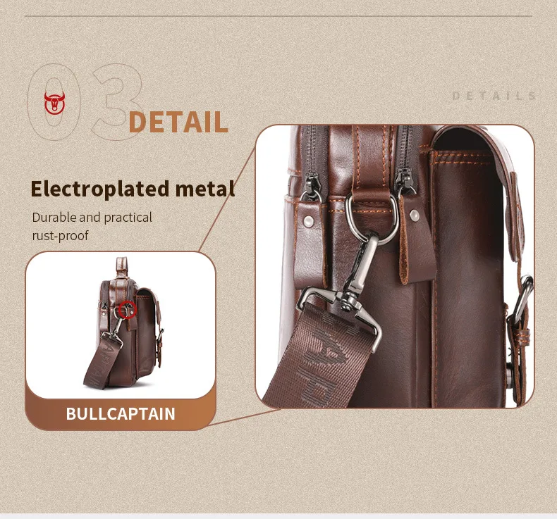 حقيبة كتف واحدة للرجال من الجلد الطبيعي متعددة الجيوب محمولة باليد ذات سعة كبيرة لتخزين الكمبيوتر المحمول
