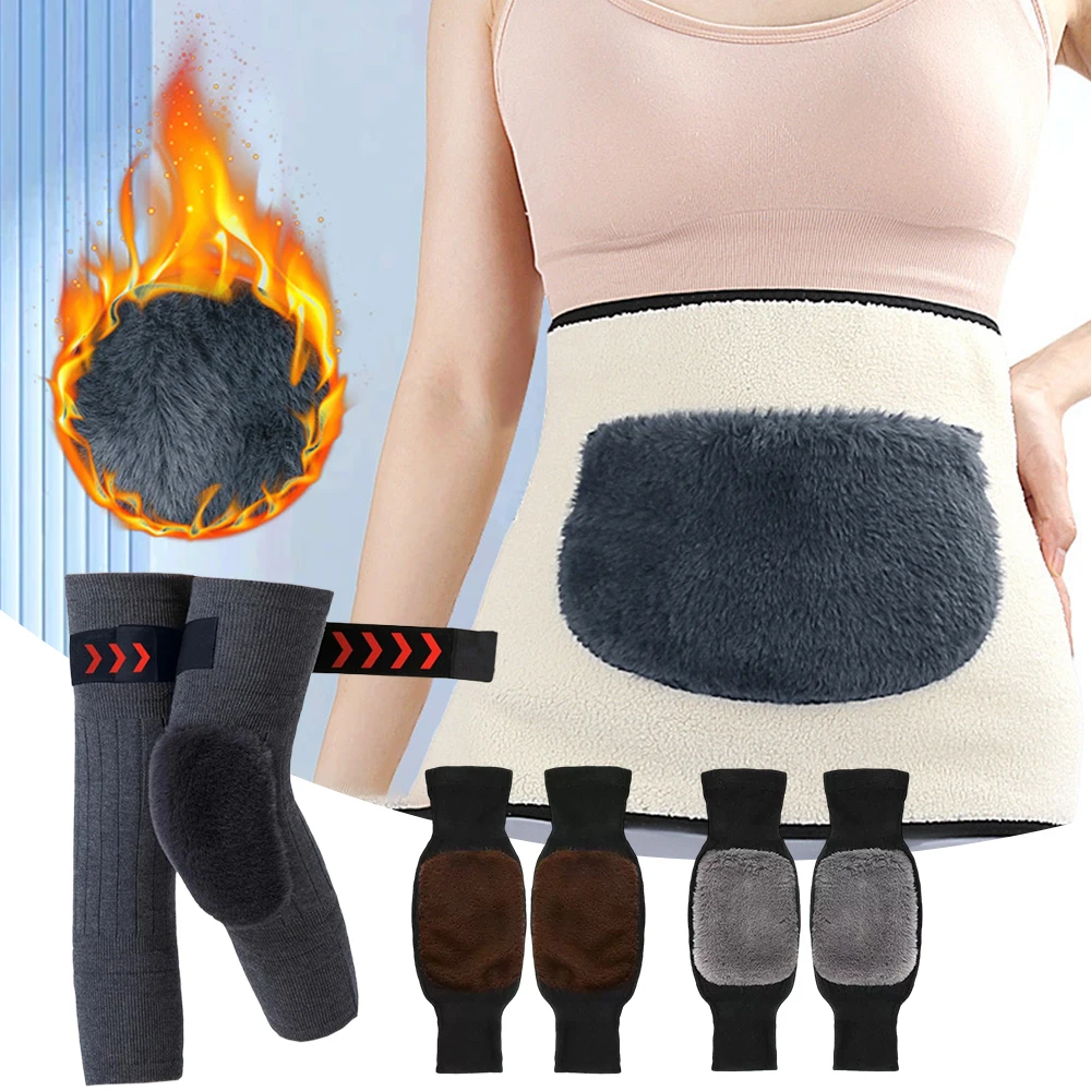 

Waist Leg Warmer Set Thermal Fleece Lining Abdomen Back Warmer Belt Belly Wrap Support Waistband Knee Pads for Winter Sports