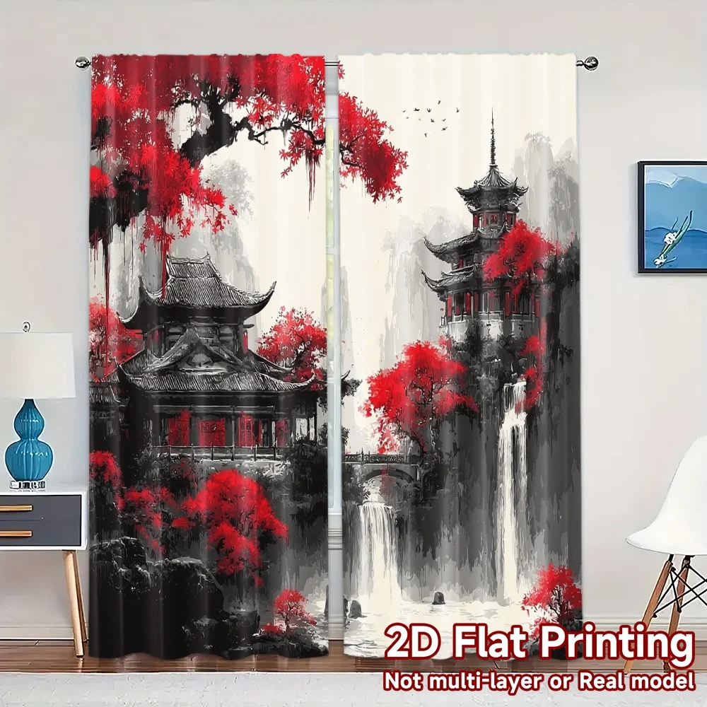 2pcs, 2D FLAT PRINTING Curtains (Without Rod) Crimson Serenity Popular Light Filtering Curtains Polyester Easy Install Curtains