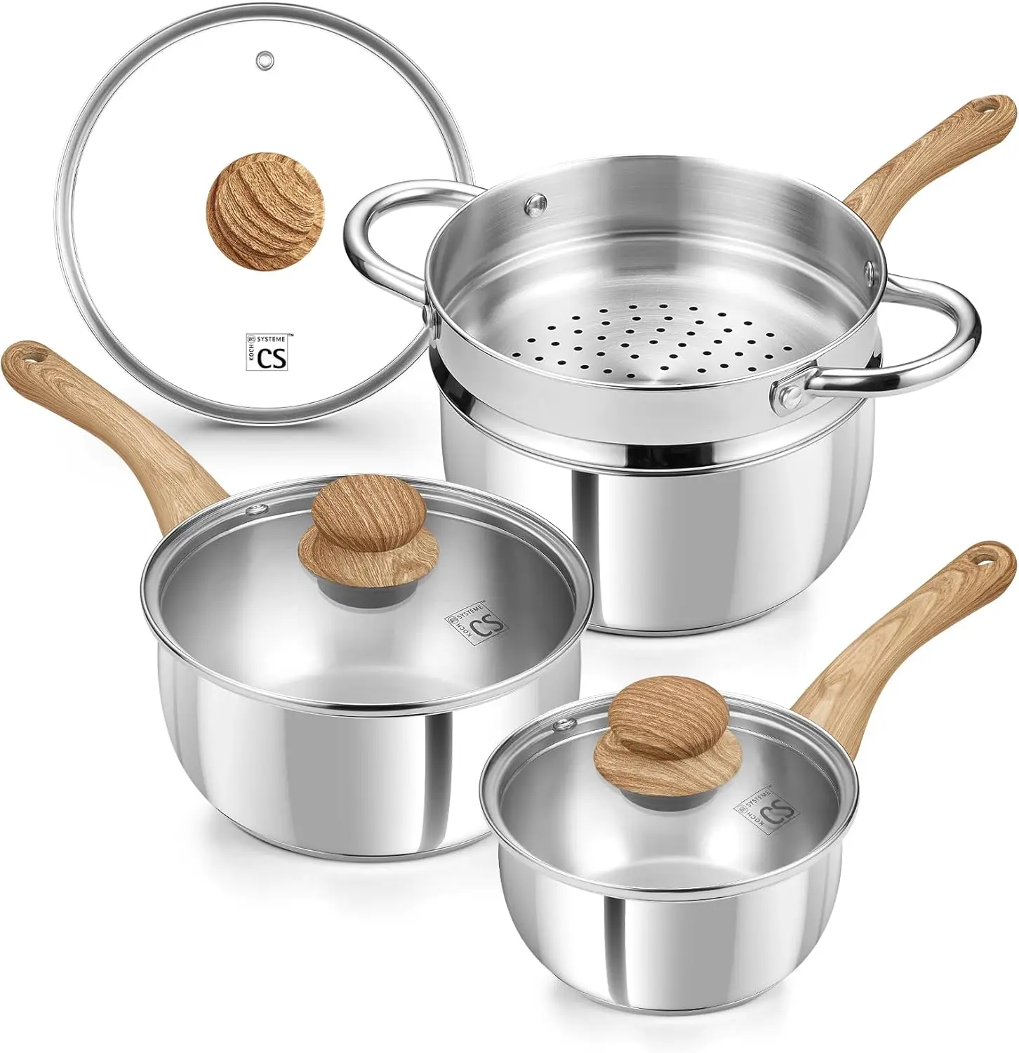 

Набор кастрюль из нержавеющей стали с пароваркой, кастрюлями 1QT/2QT/3QT, ручками Cool-Touch, индукционная совместимость